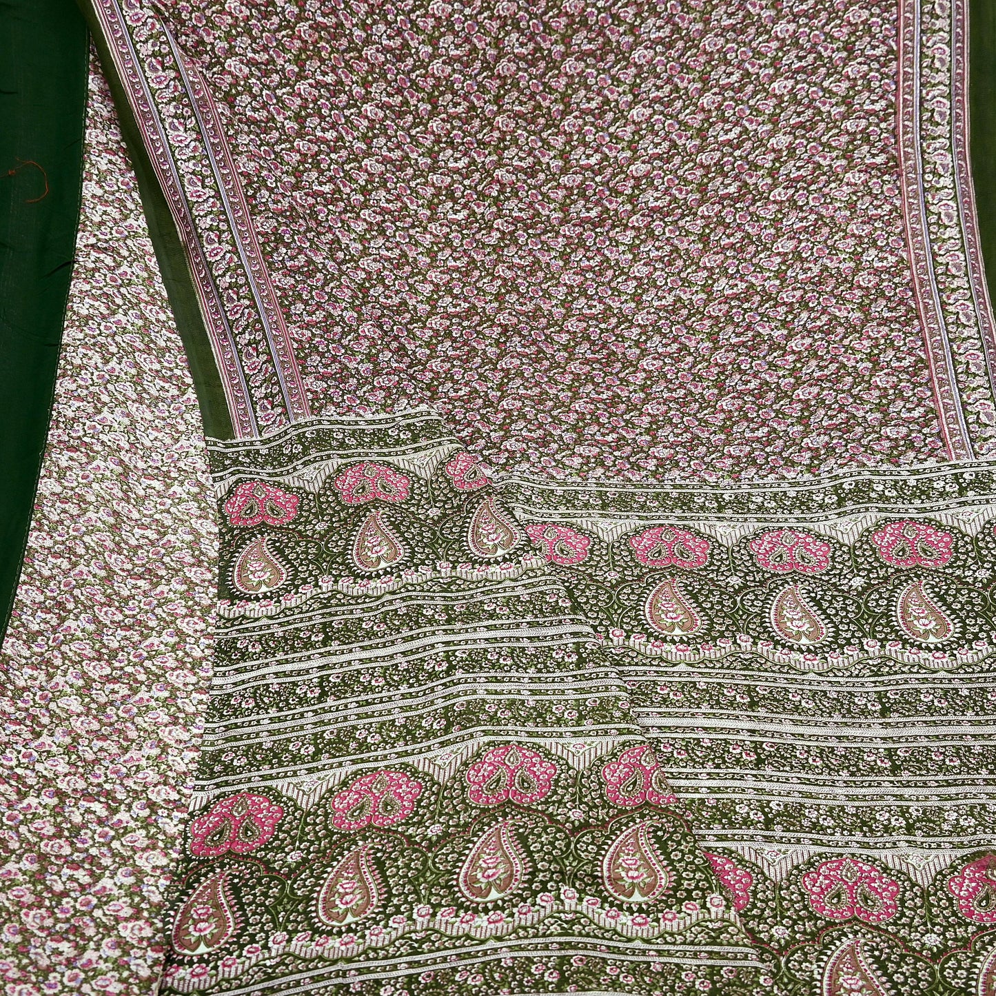 Indian Vintage Sari Green Printed Pure Cotton Sarees Fabric Floral 5Yd Sarong Wrap Boho Fabric Kimono Dress making Crafting