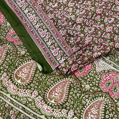 Indian Vintage Sari Green Printed Pure Cotton Sarees Fabric Floral 5Yd Sarong Wrap Boho Fabric Kimono Dress making Crafting