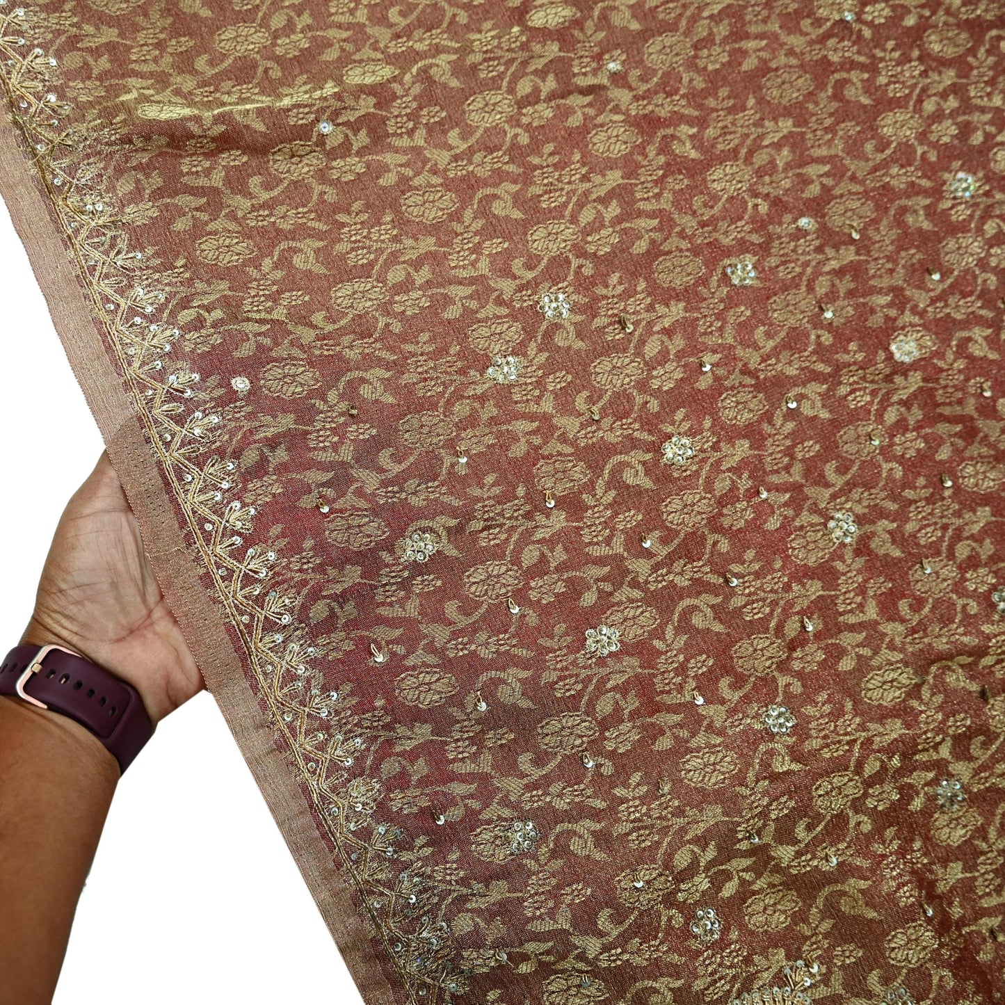 Indian Vintage Sari Golden Tissue Hand Embroidered Sarees Craft Fabric 5Yd Sewing Soft Ethnic Zardozi/Zari Dress making Crafting Upcycle