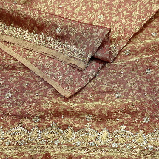 Indian Vintage Sari Golden Tissue Hand Embroidered Sarees Craft Fabric 5Yd Sewing Soft Ethnic Zardozi/Zari Dress making Crafting Upcycle