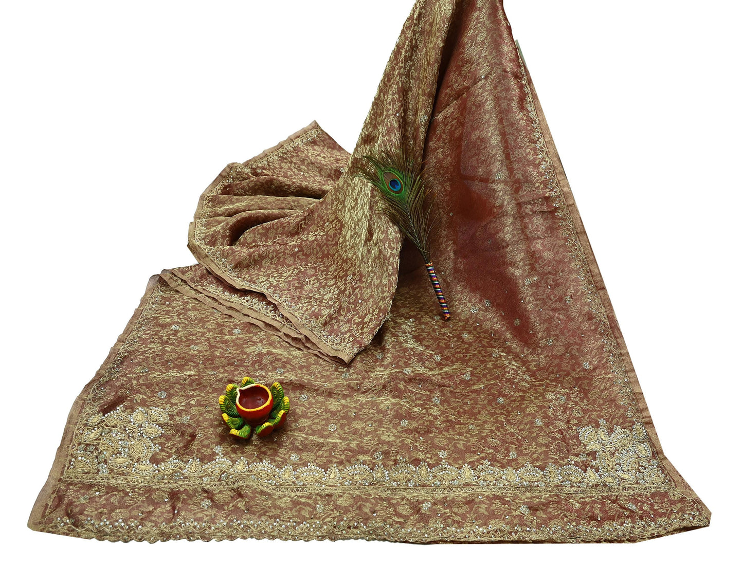 Indian Vintage Sari Golden Tissue Hand Embroidered Sarees Craft Fabric 5Yd Sewing Soft Ethnic Zardozi/Zari Dress making Crafting Upcycle