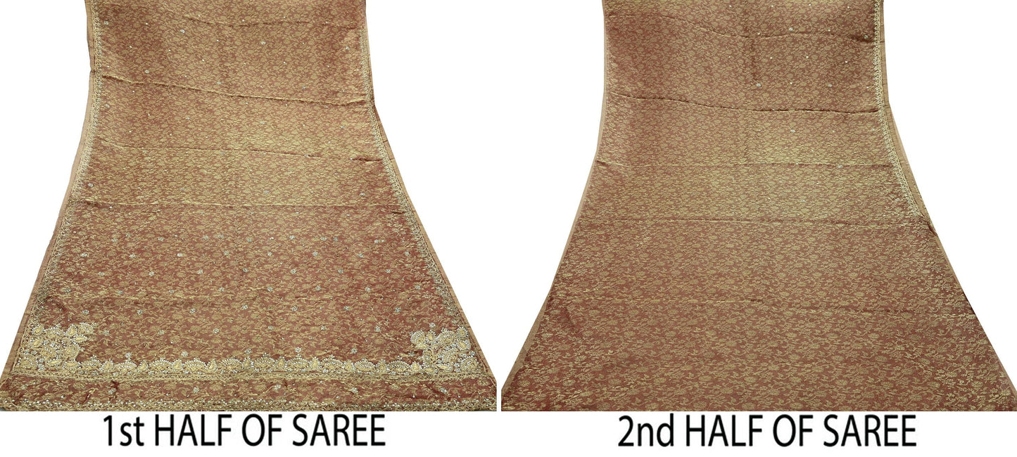 Indian Vintage Sari Golden Tissue Hand Embroidered Sarees Craft Fabric 5Yd Sewing Soft Ethnic Zardozi/Zari Dress making Crafting Upcycle