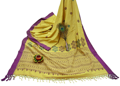 Indian Vintage Sari Lemon Green Pure Cotton Hand Woven Sarees Craft Fabric 6yd Ethnic Floral Crafting Upcycle Quilting Dress Making Fringes