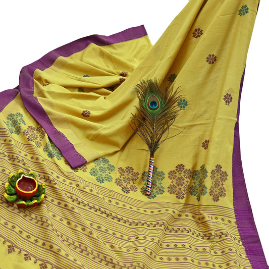 Indian Vintage Sari Lemon Green Pure Cotton Hand Woven Sarees Craft Fabric 6yd Ethnic Floral Crafting Upcycle Quilting Dress Making Fringes