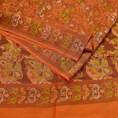 Indian Vintage Sari Orange 100% Pure Silk Hand Woven Sarees Craft Fabric 5Yd Ethnic Sewing Dress making Crafting Quilting Upcycle