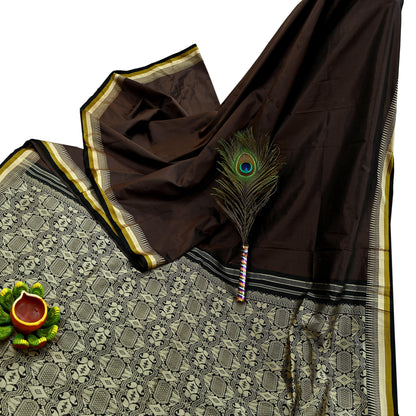 Indian Vintage Sari Black & Brown 100% Pure Silk Hand Woven Sarees Craft Fabric 5Yd Ethnic Sewing Dress making Crafting Quilting Upcycle
