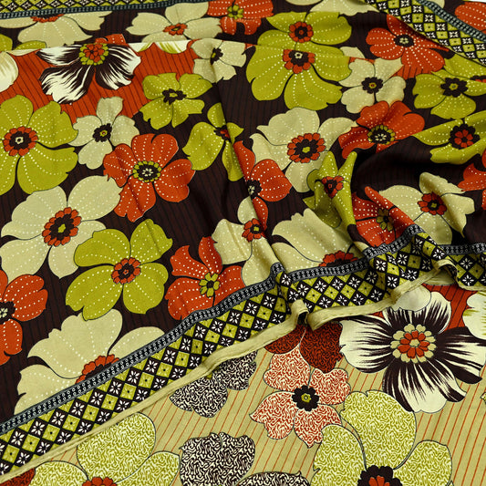 Indian Vintage Sari Multi Moss Crepe Printed Saree Floral Design 5 Yards Soft Craft Fabric for Dressmaking, Décor, Quilting, & Upcycling