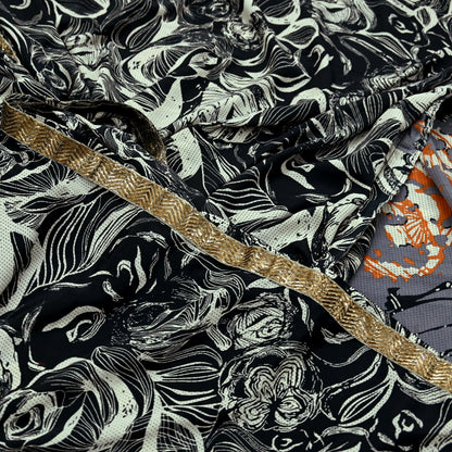 Indian Vintage Moss Crepe Saree Printed Abstract Sari Fabric 5 Yards Soft Craft Fabric for Sewing, Dressmaking, Quilting,Upcycling