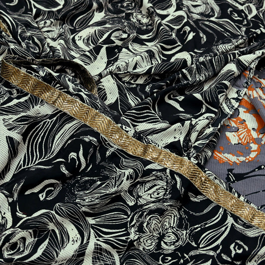 Indian Vintage Moss Crepe Saree Printed Abstract Sari Fabric 5 Yards Soft Craft Fabric for Sewing, Dressmaking, Quilting,Upcycling