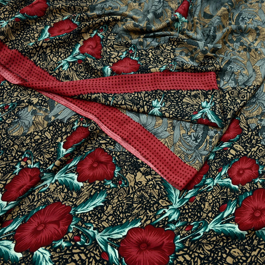 Indian Vintage Sari Moss Crepe Printed Saree Floral 5 Yards Soft Craft Fabric for Dressmaking, Décor, Quilting, & Upcycling Crafting