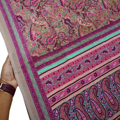 Indian Vintage Saree Purple & Brown Moss Crepe Printed Sari 6 Yards Floral Soft Fabric for Sewing, Dressmaking, Crafting, Quilting