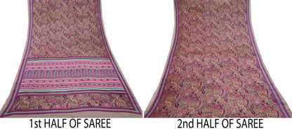 Indian Vintage Saree Purple & Brown Moss Crepe Printed Sari 6 Yards Floral Soft Fabric for Sewing, Dressmaking, Crafting, Quilting