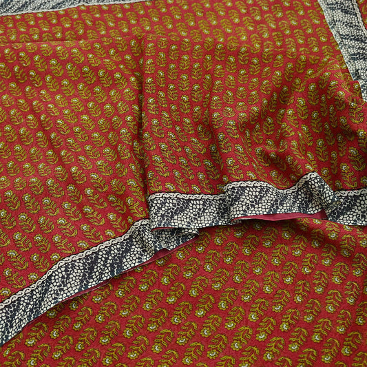 Indian Vintage Sari Red 100% Pure Georgette Silk Block Printed Sarees Sewing 6yd Craft Soft Dress Designing for Crafting Floral