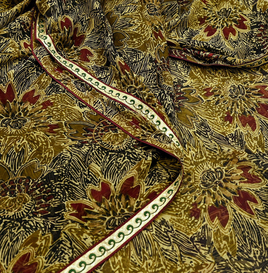 Vintage Sari 100% Pure Chiffon Silk Printed Sarees Sewing 5yd Craft Fabric Soft Dress Designing for Crafting Floral Quilting Upcycle