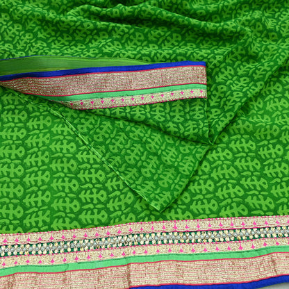Indian Vintage Green Saree Pure Georgette Silk Hand Embroidered Sari Craft Fabric 5Yd Ethnic Soft Dress making Crafting Quilting