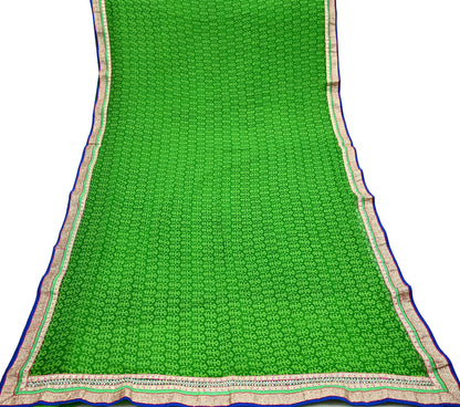 Indian Vintage Green Saree Pure Georgette Silk Hand Embroidered Sari Craft Fabric 5Yd Ethnic Soft Dress making Crafting Quilting