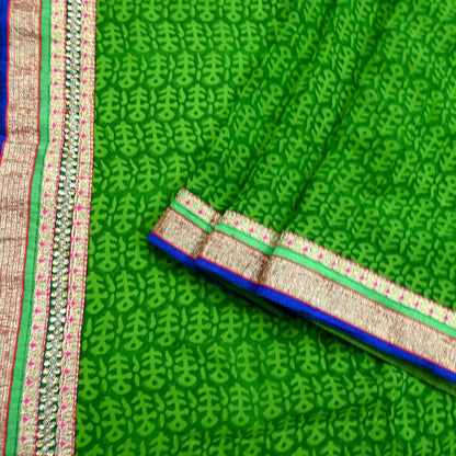 Indian Vintage Green Saree Pure Georgette Silk Hand Embroidered Sari Craft Fabric 5Yd Ethnic Soft Dress making Crafting Quilting