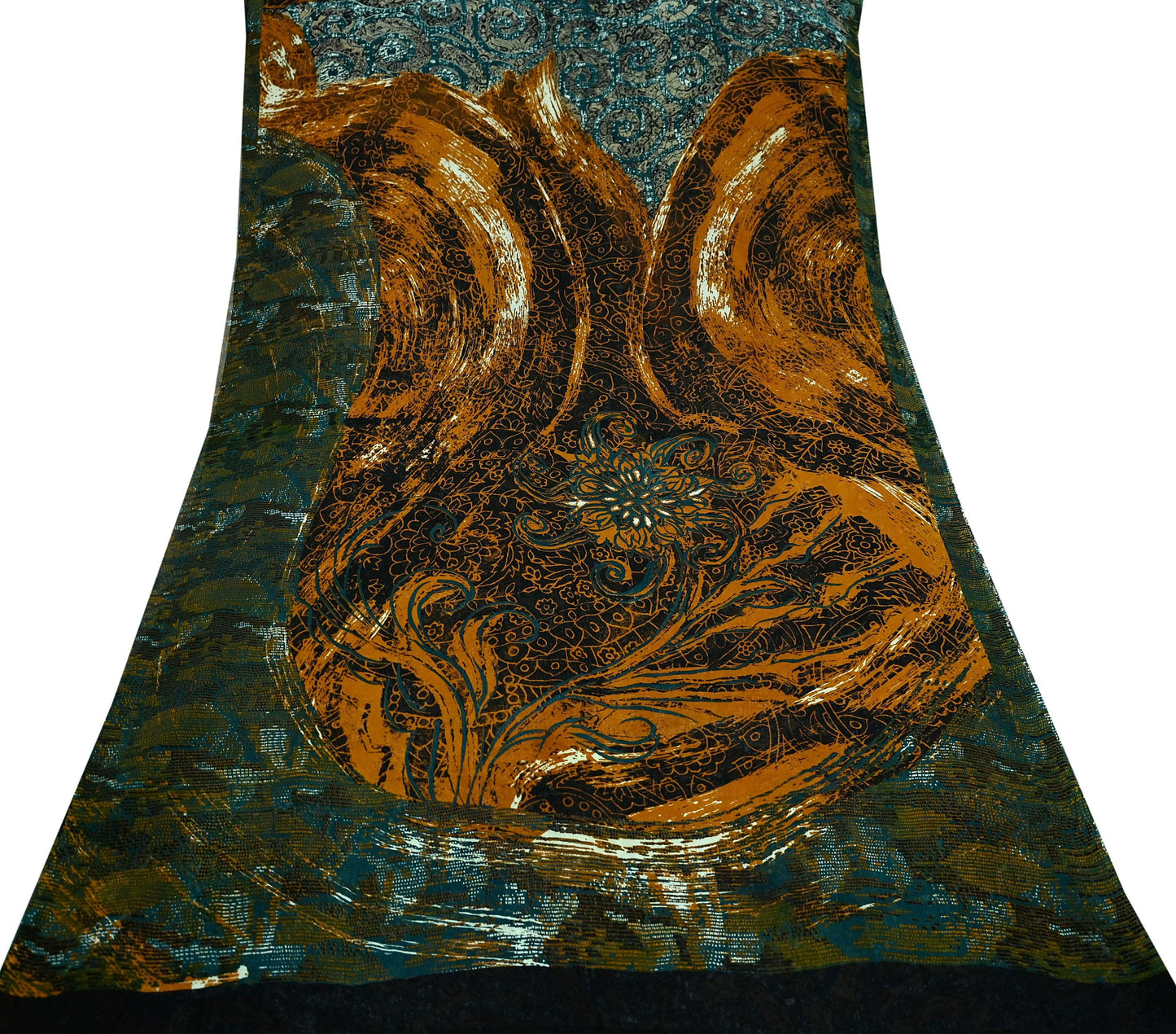 Indian Vintage Sari Green Pure Georgette Silk Printed Sarees 6Yd Craft Fabric Sewing Soft Dress Making Floral Quilting Used Upcycle