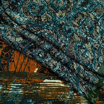 Indian Vintage Sari Green Pure Georgette Silk Printed Sarees 6Yd Craft Fabric Sewing Soft Dress Making Floral Quilting Used Upcycle