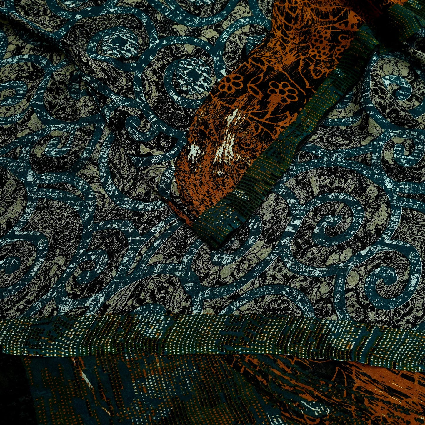 Indian Vintage Sari Green Pure Georgette Silk Printed Sarees 6Yd Craft Fabric Sewing Soft Dress Making Floral Quilting Used Upcycle