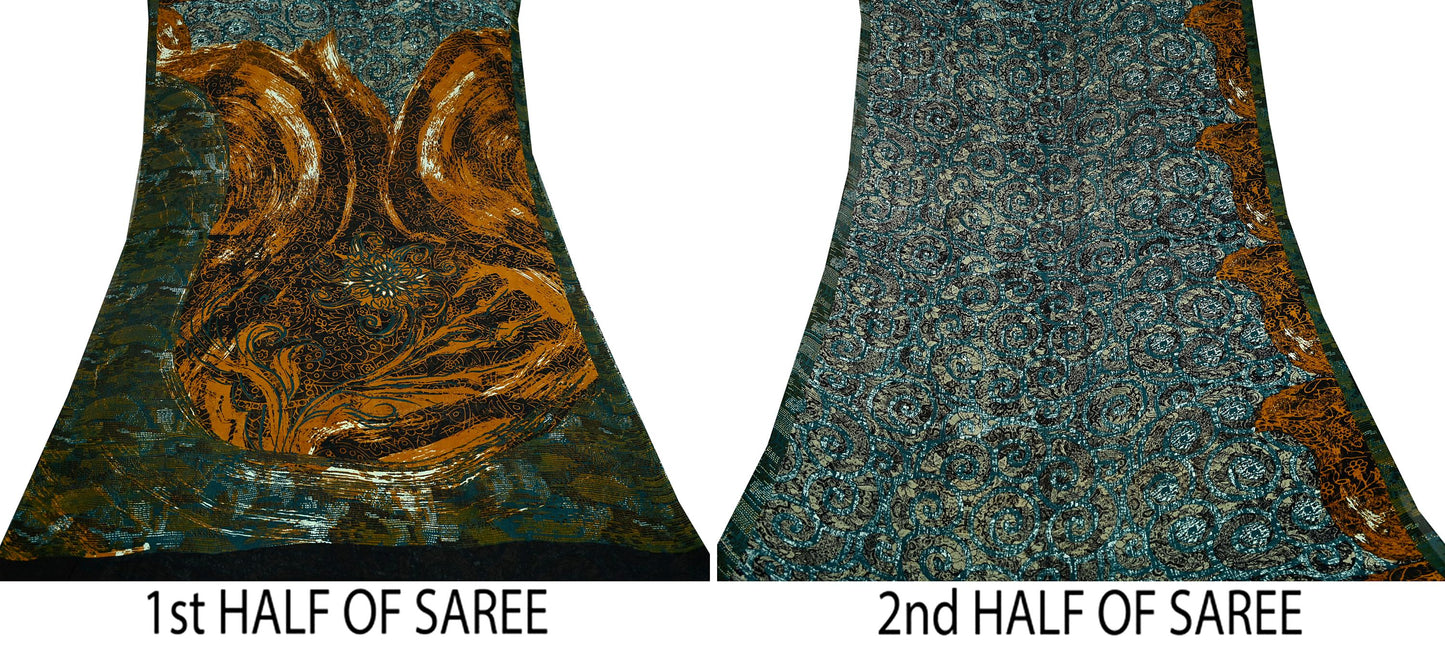 Indian Vintage Sari Green Pure Georgette Silk Printed Sarees 6Yd Craft Fabric Sewing Soft Dress Making Floral Quilting Used Upcycle