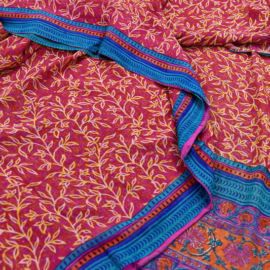 Indian Vintage Sari Pink 100% Pure Georgette Silk Block Printed Sarees Sewing 6yd Craft Soft Dress Designing for Crafting Floral