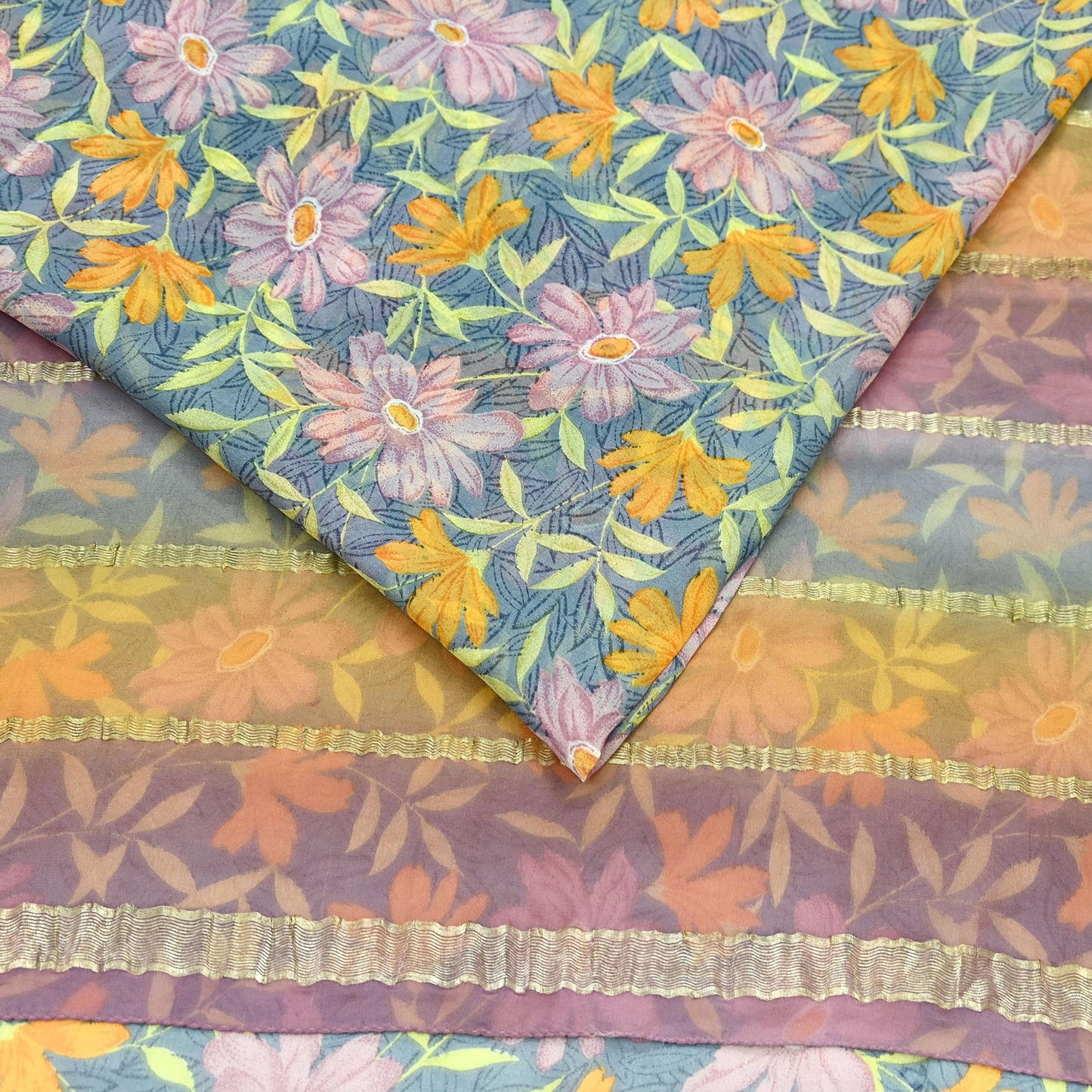 Women Vintage Sari Gray Pure Georgette Silk Printed Saree Craft Fabric Sewing 5Yard Soft Light Dress Making Floral Zari