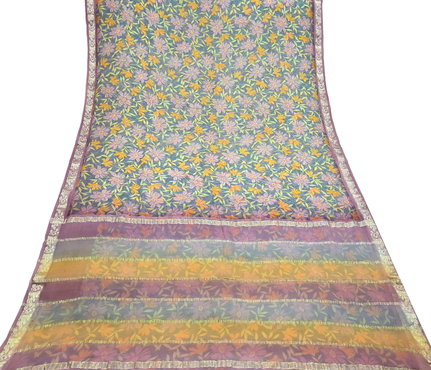 Women Vintage Sari Gray Pure Georgette Silk Printed Saree Craft Fabric Sewing 5Yard Soft Light Dress Making Floral Zari