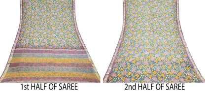 Women Vintage Sari Gray Pure Georgette Silk Printed Saree Craft Fabric Sewing 5Yard Soft Light Dress Making Floral Zari