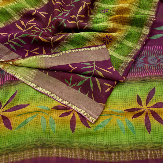 Women Vintage Sari Maroon & Green Pure Georgette Silk Printed Saree Craft Fabric Sewing 5Yard Soft Light Dress Making Floral Zari Border