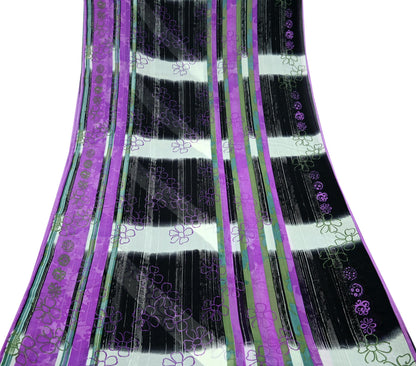 Indian Vintage Sari Purple & Black Pure Georgette Silk Printed Sarees 6Yd Craft Fabric Sewing Soft Dress Making Floral Quilting Used Upcycle
