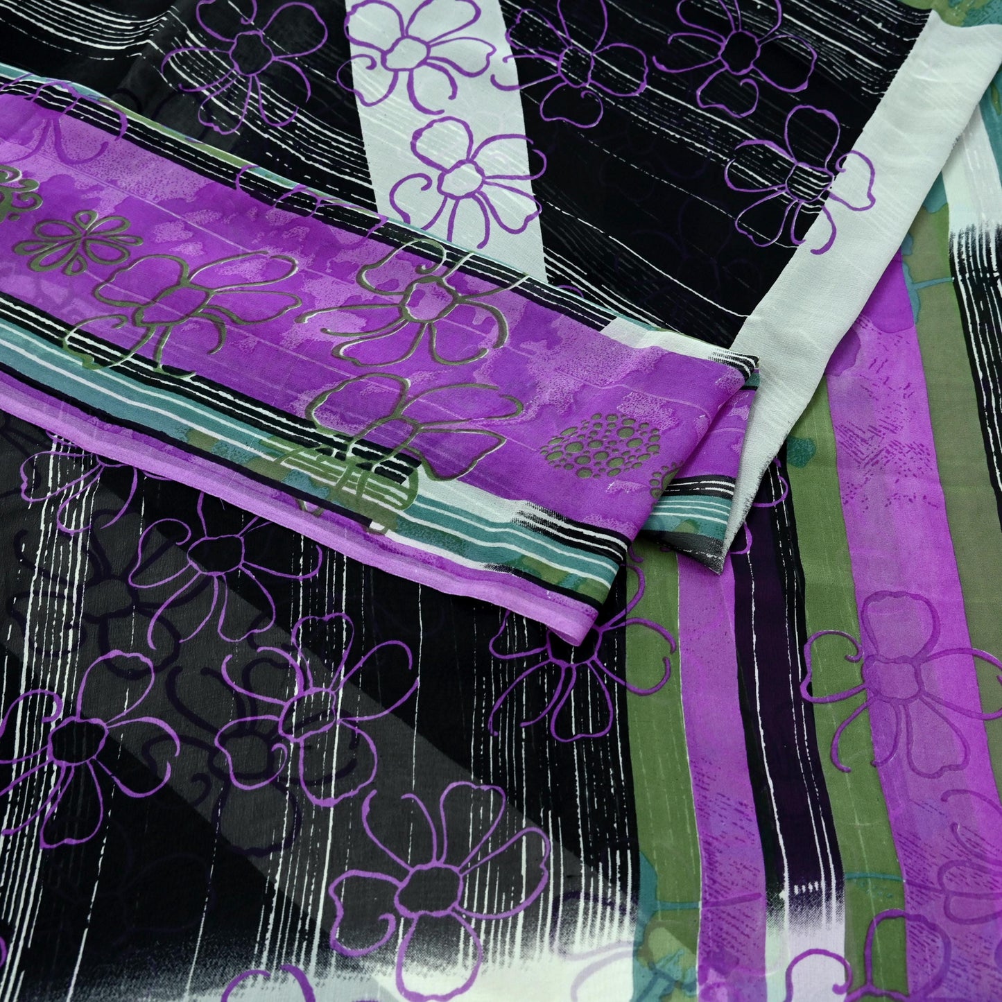 Indian Vintage Sari Purple & Black Pure Georgette Silk Printed Sarees 6Yd Craft Fabric Sewing Soft Dress Making Floral Quilting Used Upcycle