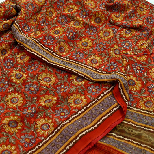 Indian Vintage Sari Red 100% Pure Georgette Silk Block Printed Sarees Sewing 6yd Craft Soft Dress Designing for Crafting Floral