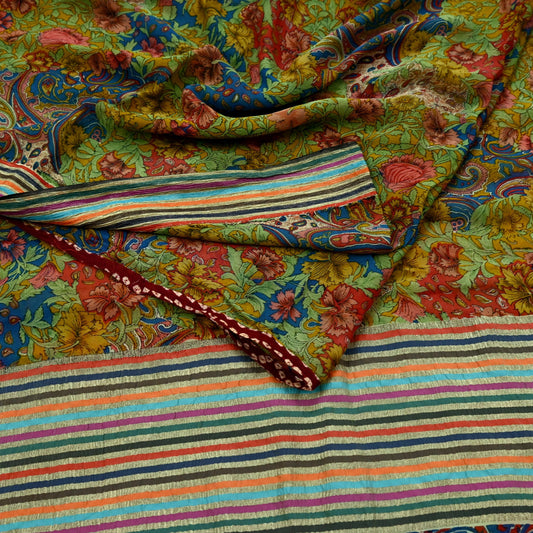 Vintage Sari Multi 100% Pure Chiffon Silk Printed Sarees Sewing 5yd Craft Fabric Soft Dress Designing for Crafting Floral Zari Border