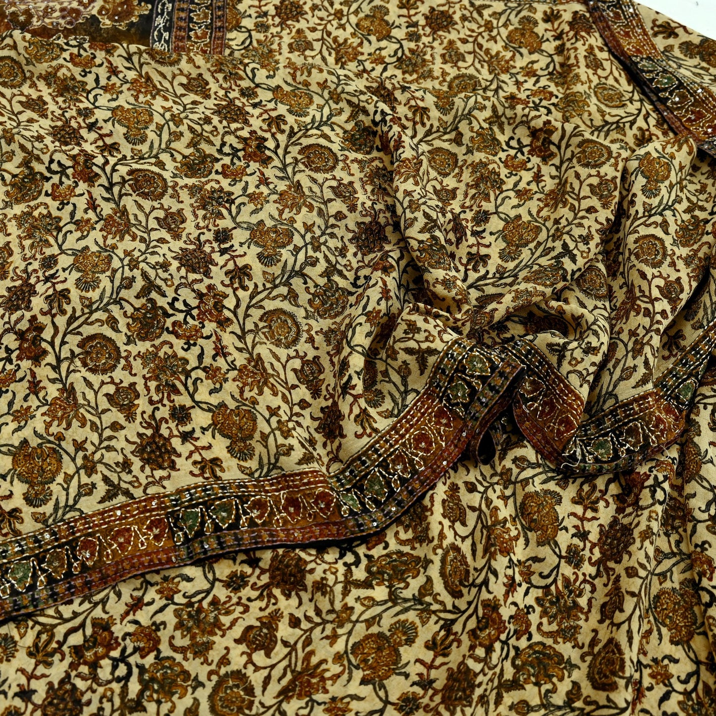 Indian Vintage Beige & black Saree Pure Georgette Silk Hand Embroidered Kantha Sari Craft Fabric 5yd Sewing Floral Soft Sequins Dress making