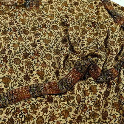 Indian Vintage Beige & black Saree Pure Georgette Silk Hand Embroidered Kantha Sari Craft Fabric 5yd Sewing Floral Soft Sequins Dress making
