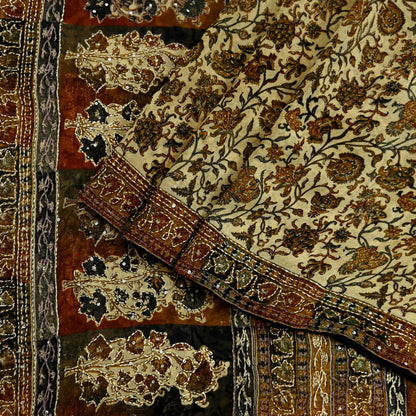 Indian Vintage Beige & black Saree Pure Georgette Silk Hand Embroidered Kantha Sari Craft Fabric 5yd Sewing Floral Soft Sequins Dress making