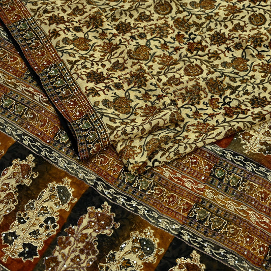 Indian Vintage Beige & black Saree Pure Georgette Silk Hand Embroidered Kantha Sari Craft Fabric 5yd Sewing Floral Soft Sequins Dress making