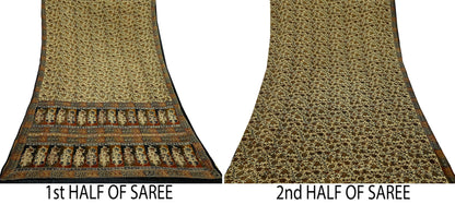Indian Vintage Beige & black Saree Pure Georgette Silk Hand Embroidered Kantha Sari Craft Fabric 5yd Sewing Floral Soft Sequins Dress making