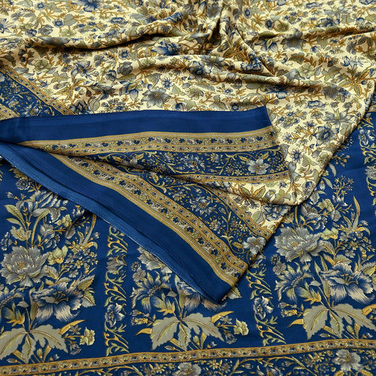 Indian Vintage Blue & Ivory Pure Silk Printed Saree 6 Yards Soft Floral Fabric for Dressmaking, Quilting, Crafting, Sewing, Dress Making