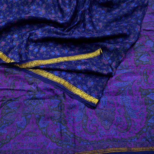 Vintage Sari Blue Pure Silk Printed Saree Fabric 5yard Sewing Soft Dress Designing for Crafting Quilting Upcycle Soft Zari Border
