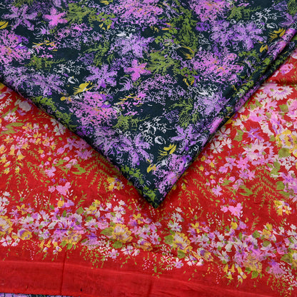 Indian Vintage Red & Black Pure Silk Printed Saree 5 Yards Soft Floral Fabric for Dressmaking, Quilting, Crafting, Sewing, Dress Making