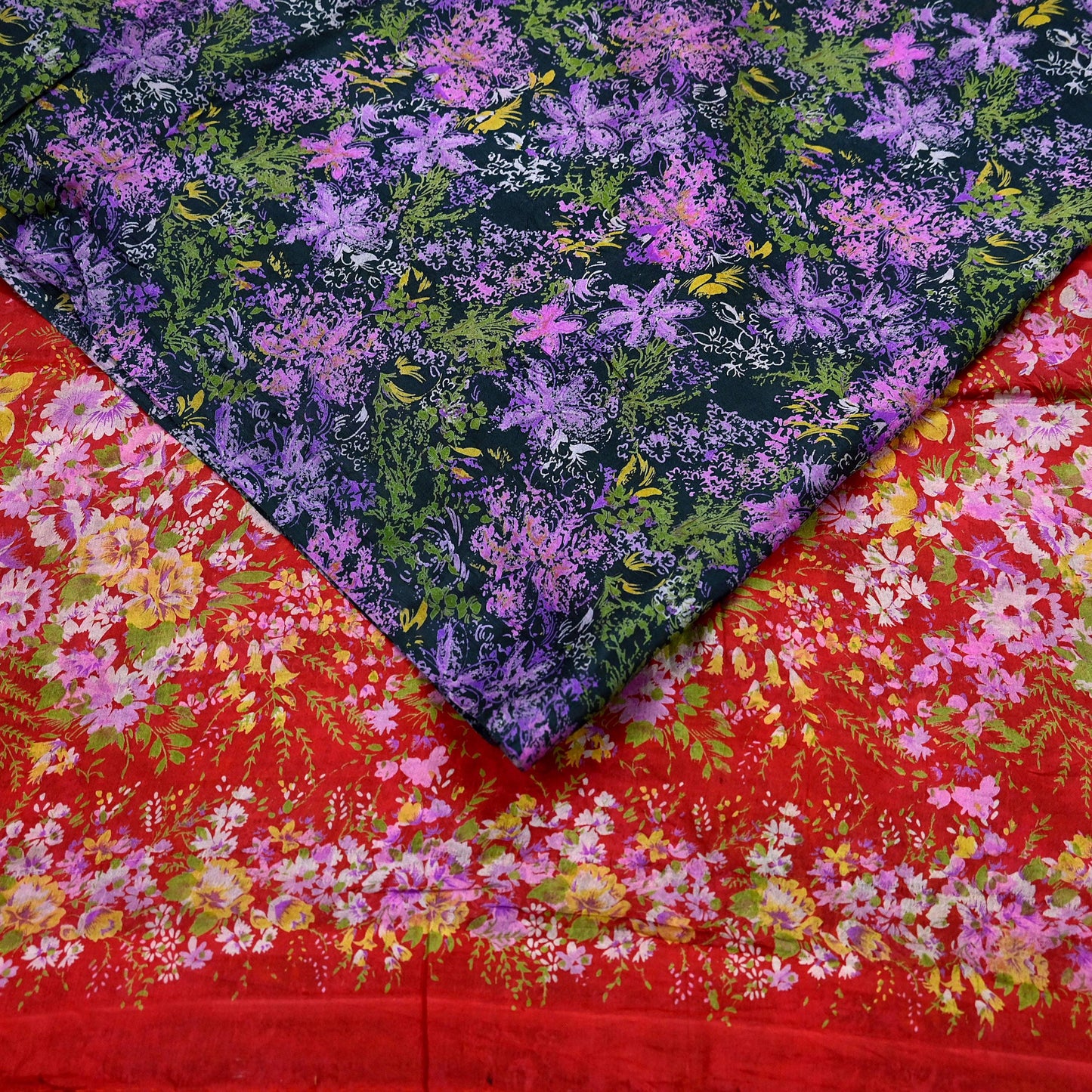 Indian Vintage Red & Black Pure Silk Printed Saree 5 Yards Soft Floral Fabric for Dressmaking, Quilting, Crafting, Sewing, Dress Making