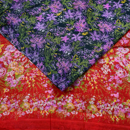 Indian Vintage Red & Black Pure Silk Printed Saree 5 Yards Soft Floral Fabric for Dressmaking, Quilting, Crafting, Sewing, Dress Making