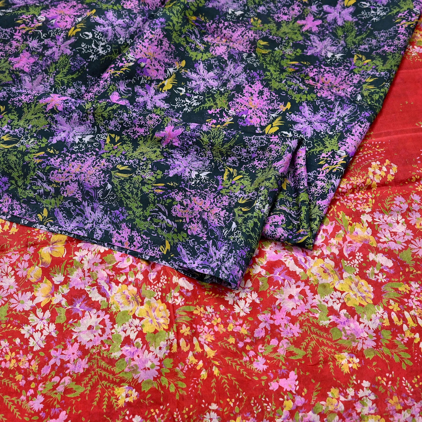 Indian Vintage Red & Black Pure Silk Printed Saree 5 Yards Soft Floral Fabric for Dressmaking, Quilting, Crafting, Sewing, Dress Making
