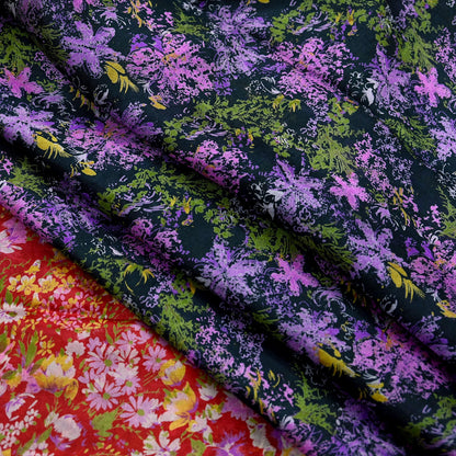 Indian Vintage Red & Black Pure Silk Printed Saree 5 Yards Soft Floral Fabric for Dressmaking, Quilting, Crafting, Sewing, Dress Making
