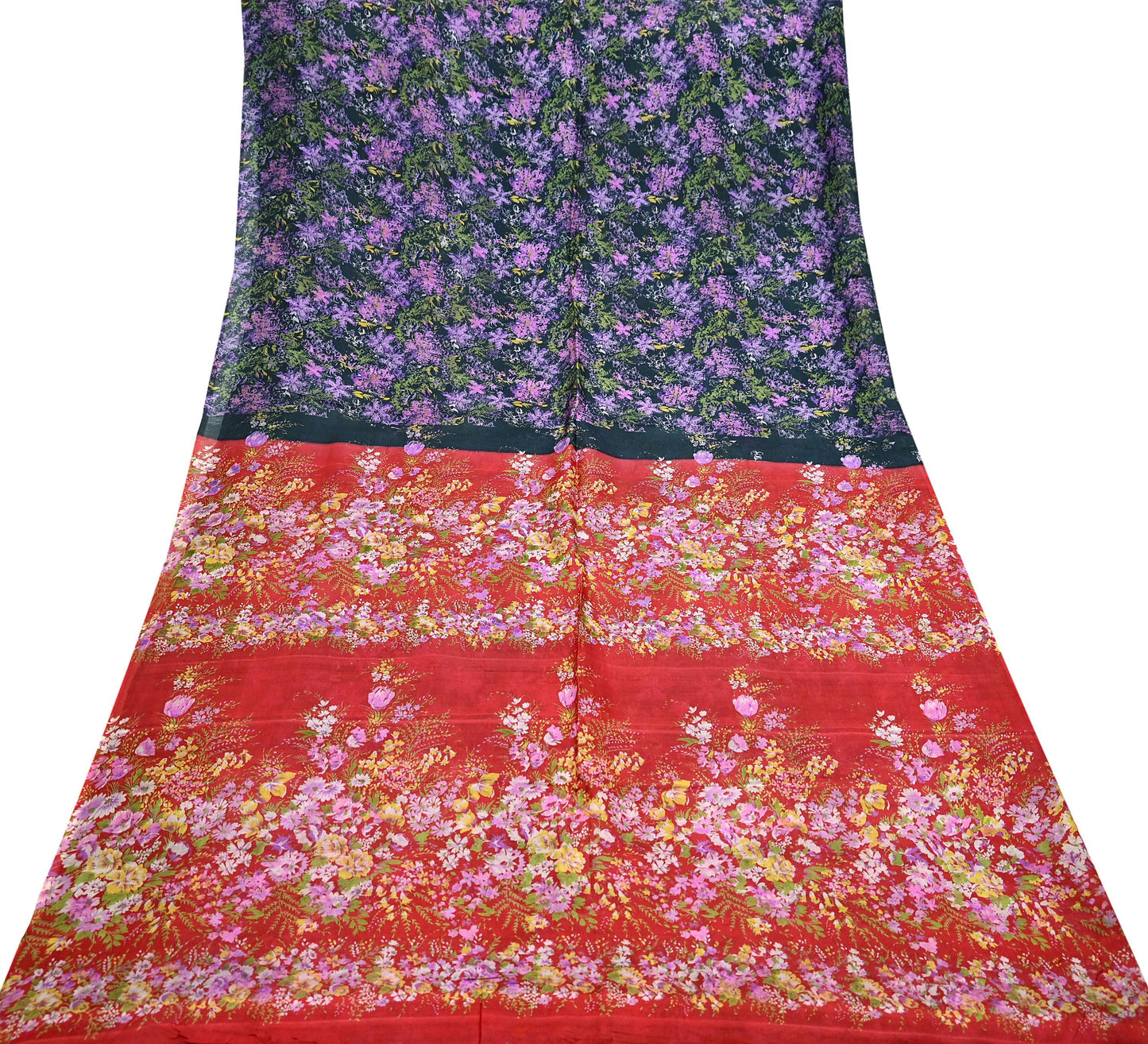 Indian Vintage Red & Black Pure Silk Printed Saree 5 Yards Soft Floral Fabric for Dressmaking, Quilting, Crafting, Sewing, Dress Making