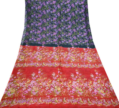 Indian Vintage Red & Black Pure Silk Printed Saree 5 Yards Soft Floral Fabric for Dressmaking, Quilting, Crafting, Sewing, Dress Making