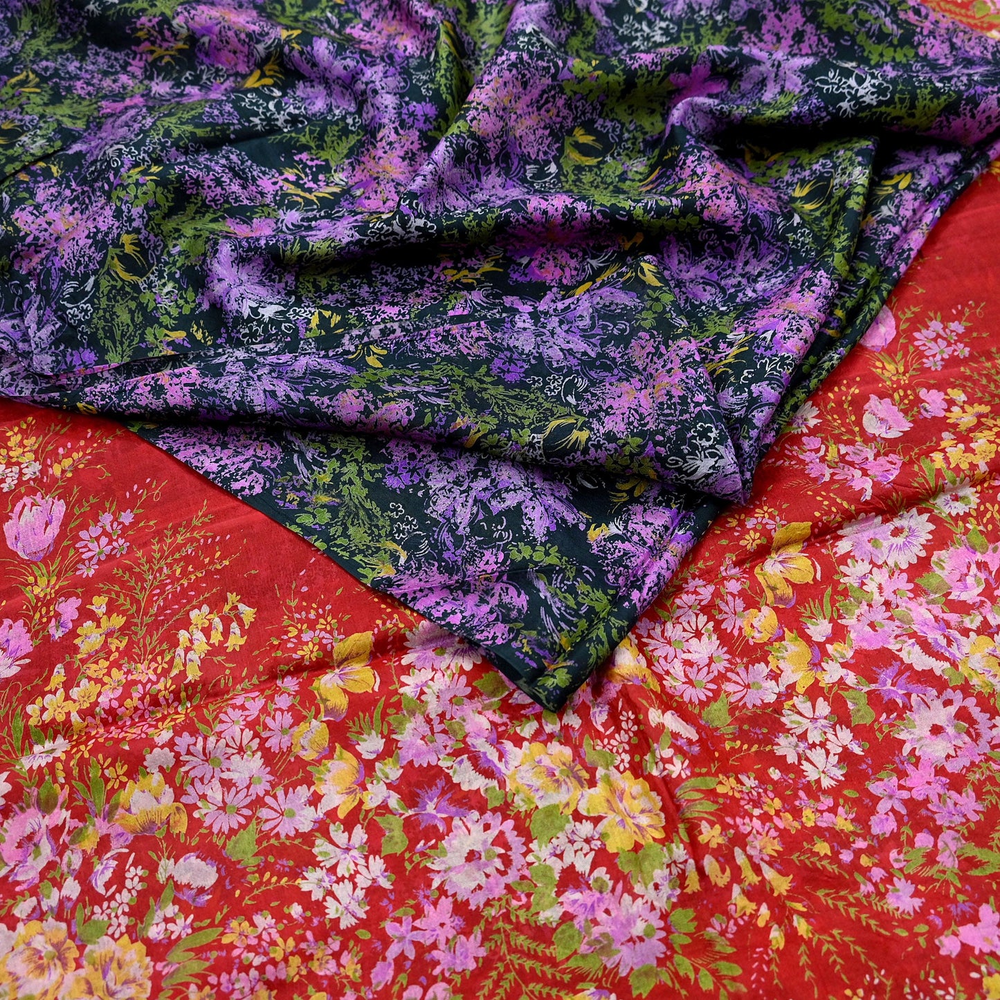 Indian Vintage Red & Black Pure Silk Printed Saree 5 Yards Soft Floral Fabric for Dressmaking, Quilting, Crafting, Sewing, Dress Making
