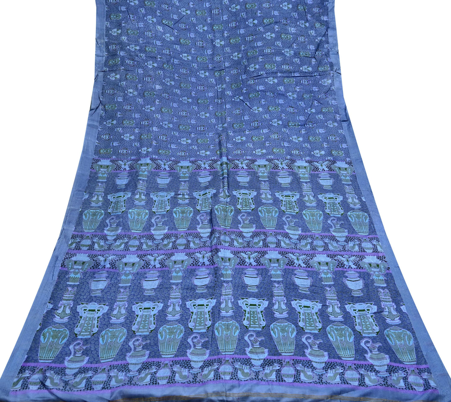 Vintage Sari Gray Pure Silk Printed Saree Fabric 6yard Sewing Soft Dress Designing for Crafting Quilting Upcycle Soft Border